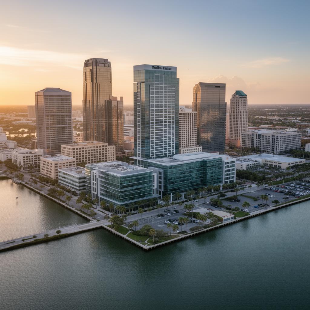 Aerial view of Tampa Bay waterfront and downtown medical district at golden hour